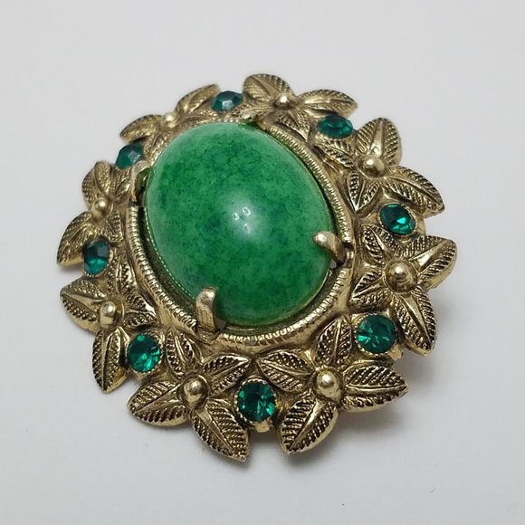 Vtg West Germany Green Cabochon Glass & Rhinestone Goldtone Floral Pin Brooch - Picture 3 of 7